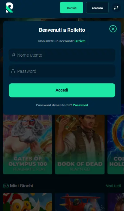 Accesso all'account Rolletto Casino - schermata di login